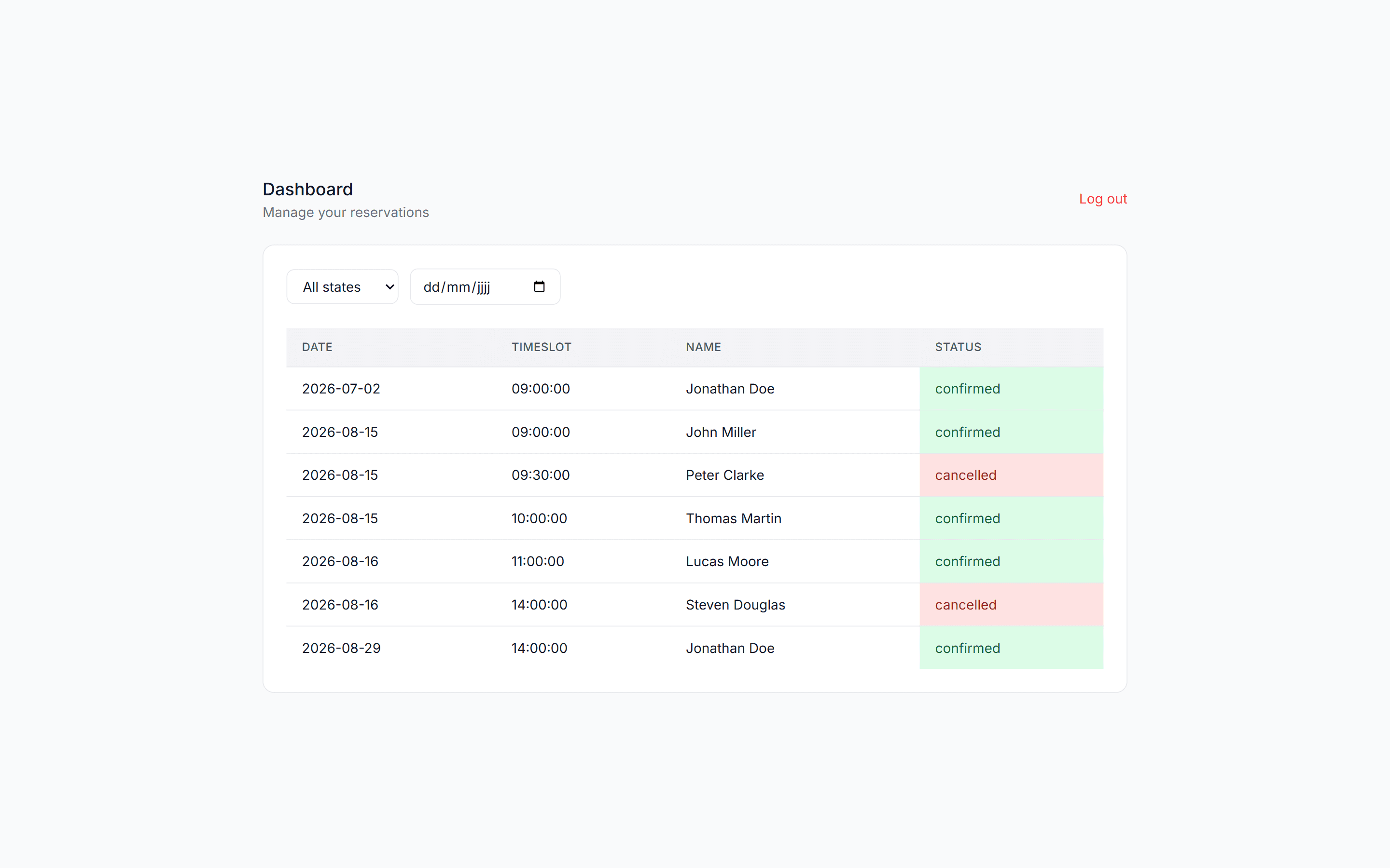 Dashboard van de barbier met reserveringen per datum en tijdslot, en filters op status en datum