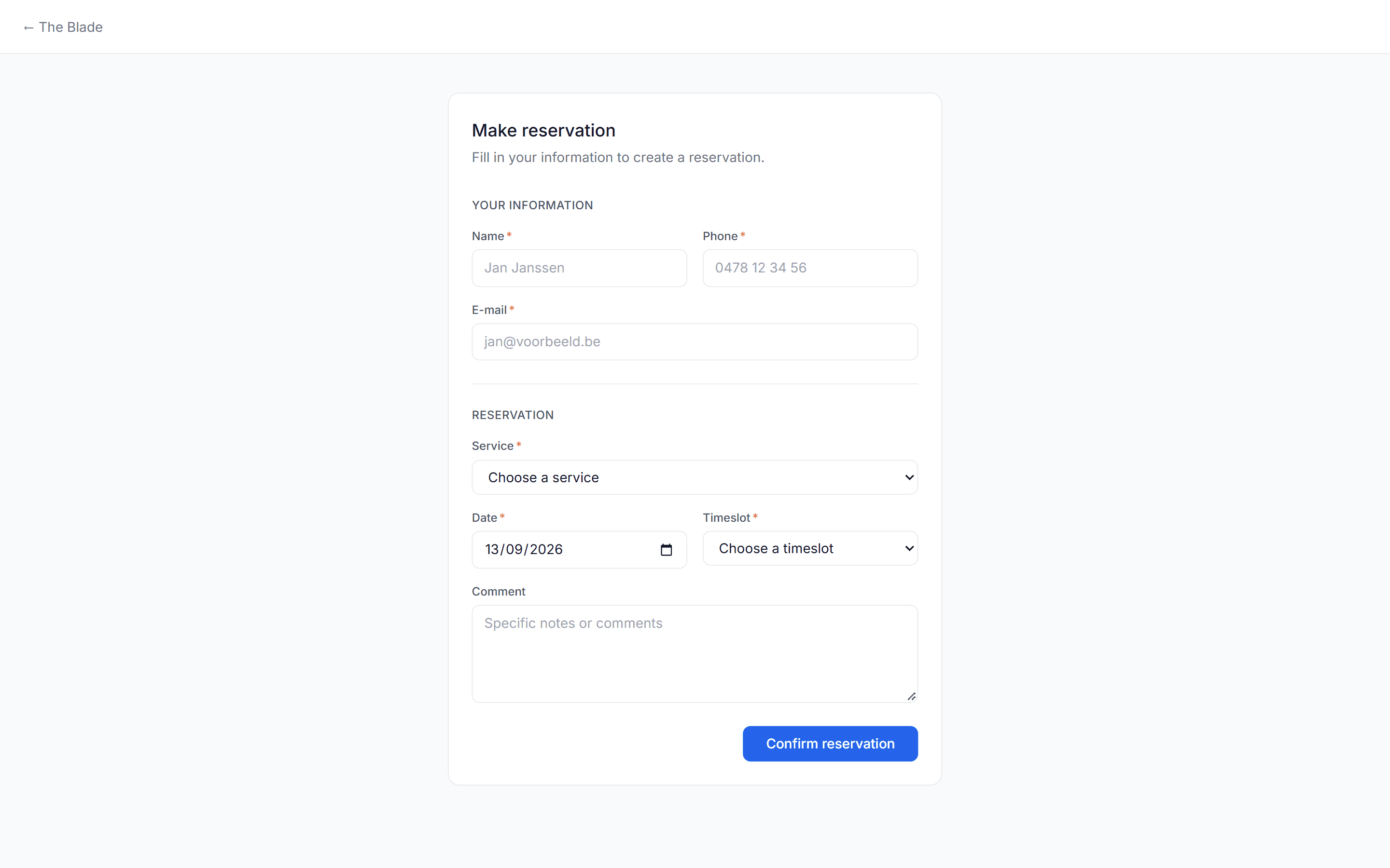 Reserveringsformulier met velden voor naam, telefoon, e-mail, dienst, datum en tijdslot