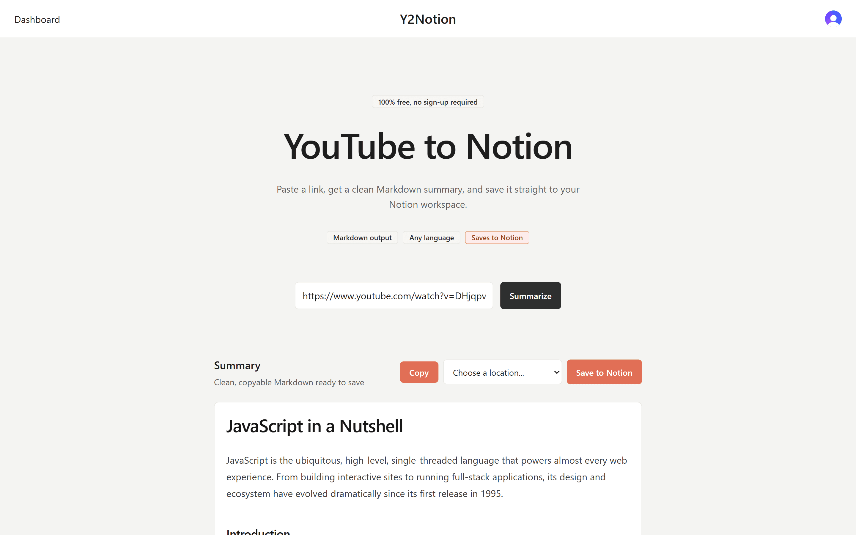 Notion-locatiekiezer geopend boven een samenvatting, met de pagina YouTube Summaries geselecteerd