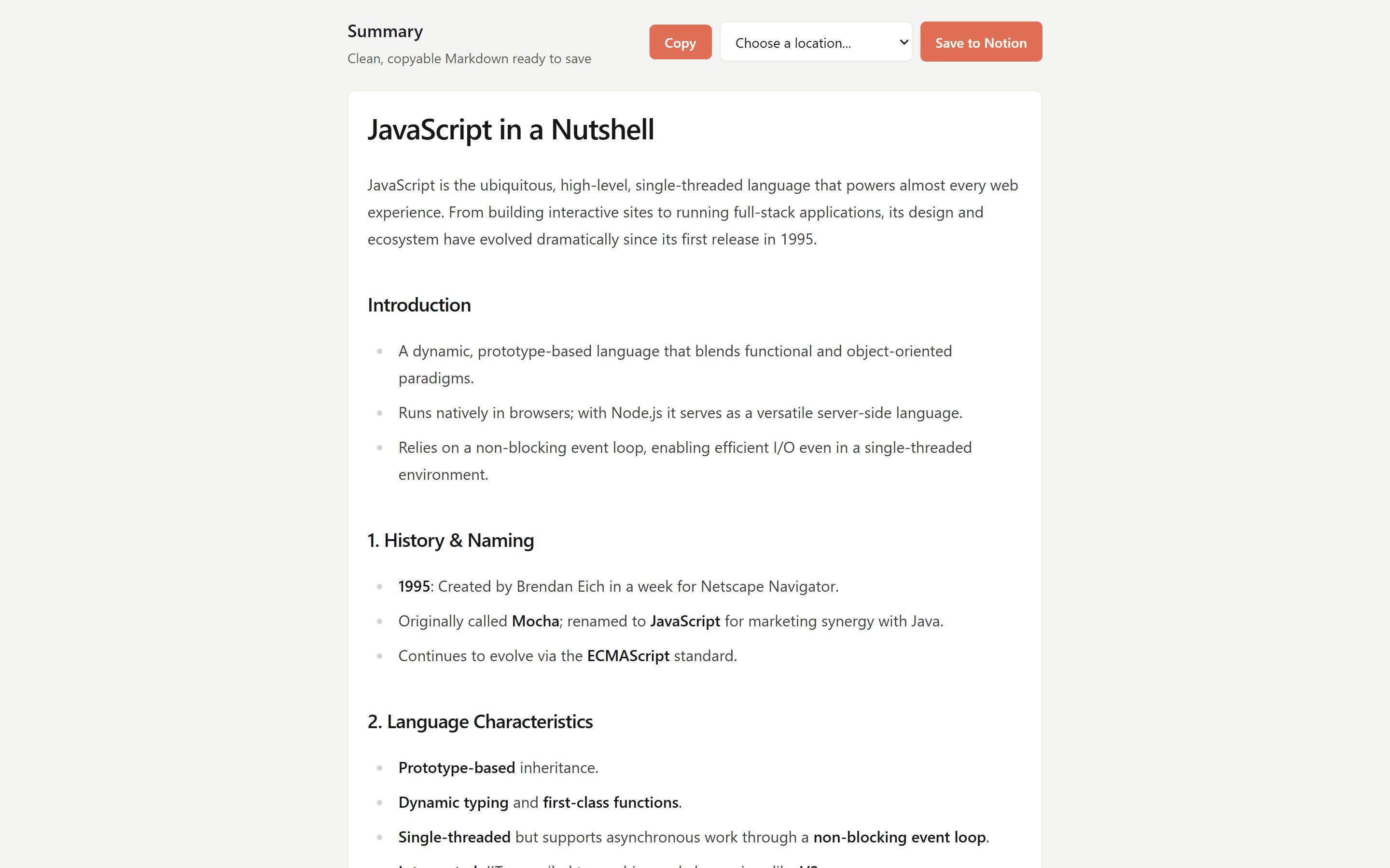 Gegenereerde Markdown-samenvatting van een JavaScript-video met de acties Copy en Save to Notion
